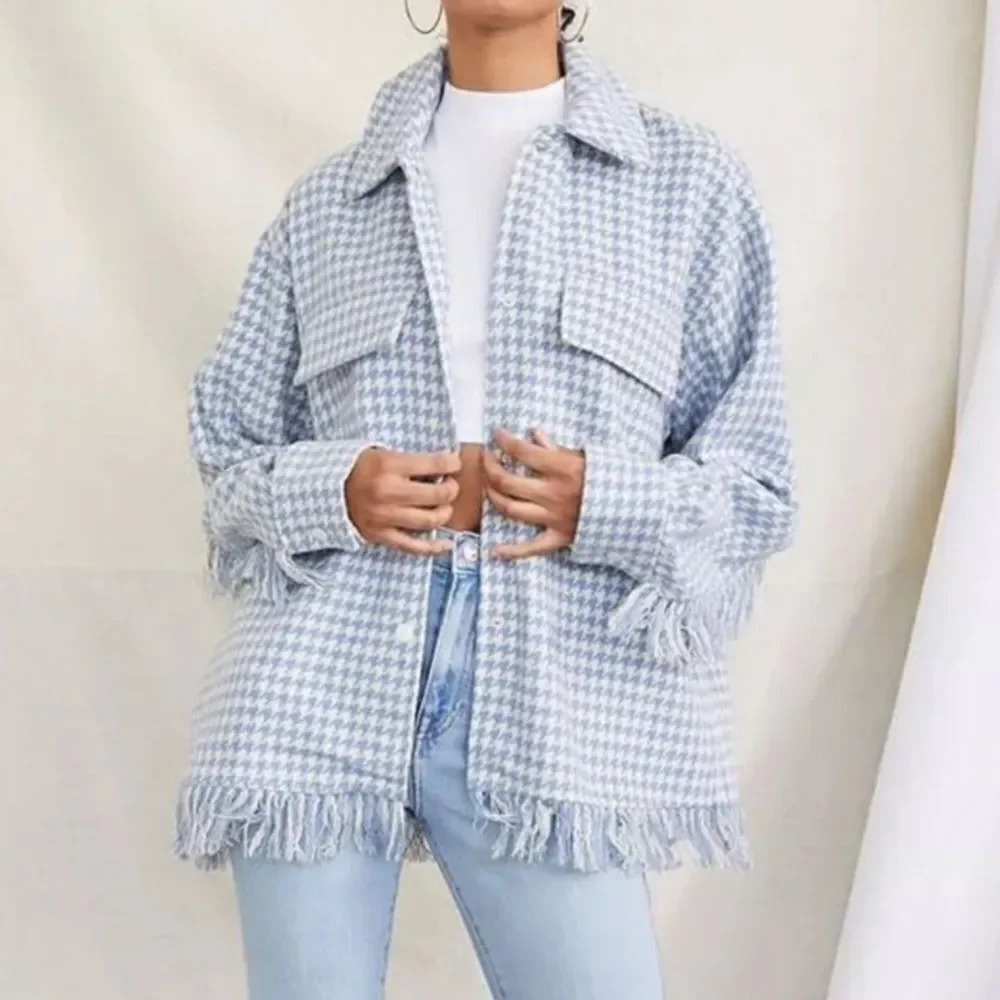Shero Houndstooth Tassel Trim Blue and White Fringe Shacket Jacket
